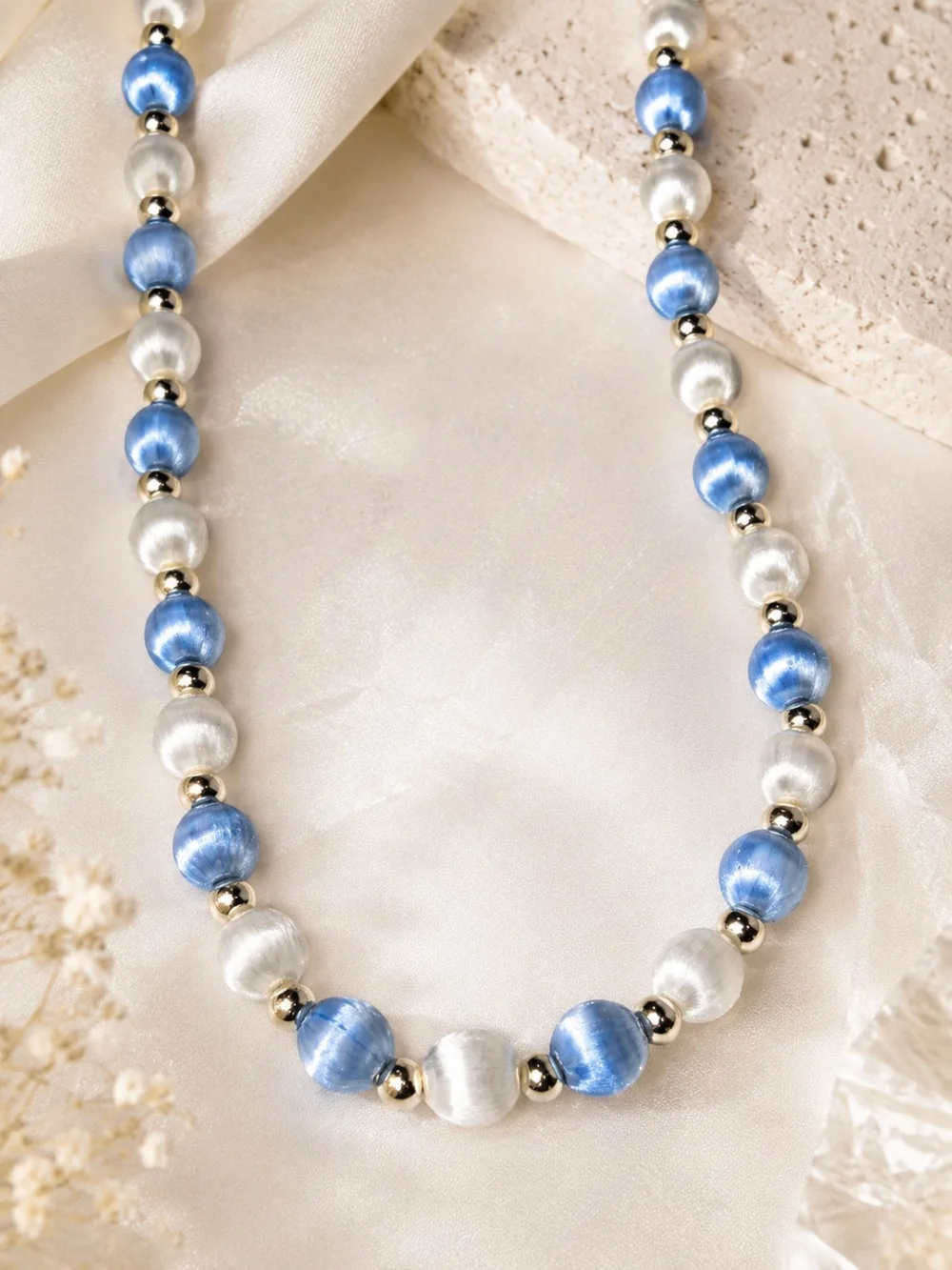 Classic Blue and White Bead Necklace with Silver Accents